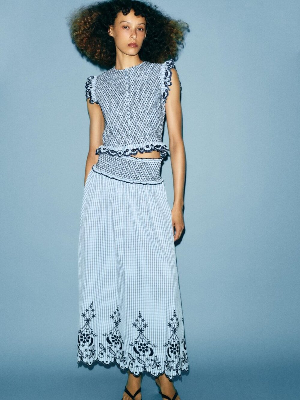 ZARA SET- EMBROIDERED PLAID MIDI SKIRT & TOP SET- BLUE / WHITE | 8741/061/044